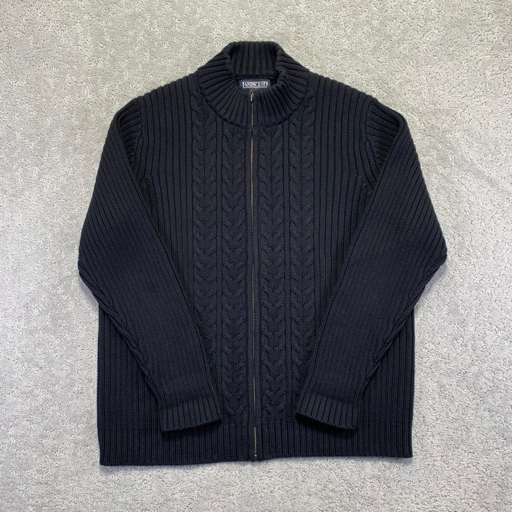 VINTAGE Lands End Sweater Womens L Petite Black Cable Knit Zip Up Cotton‎ Heavy
